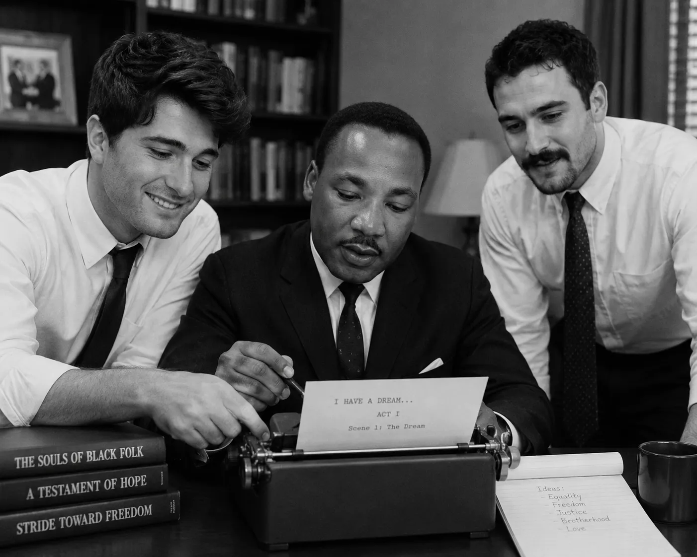 Josh and Dan in 1960s suits beside a civil-rights leader at a typewriter.