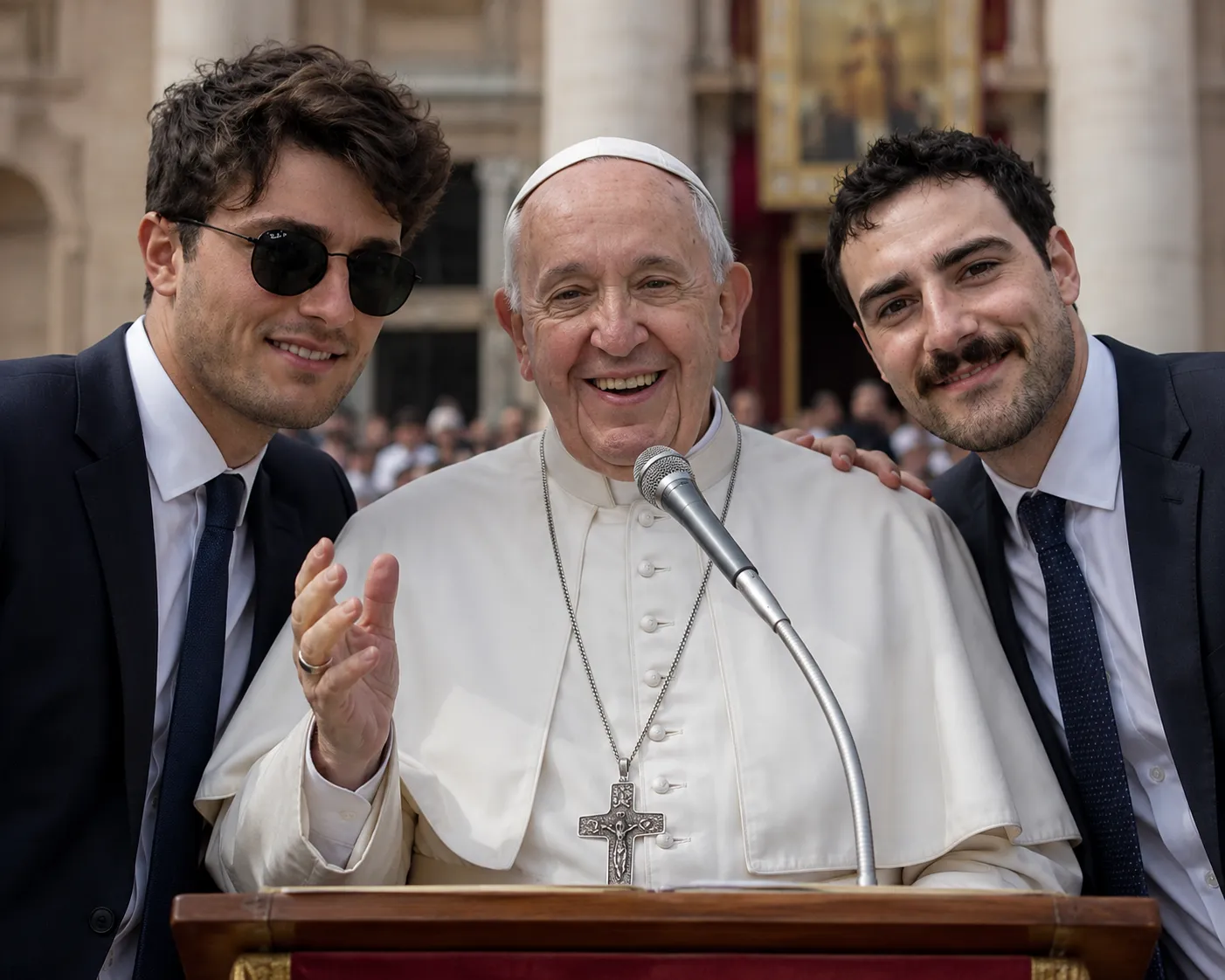 Josh and Dan smiling on either side of the Pope at the Vatican.