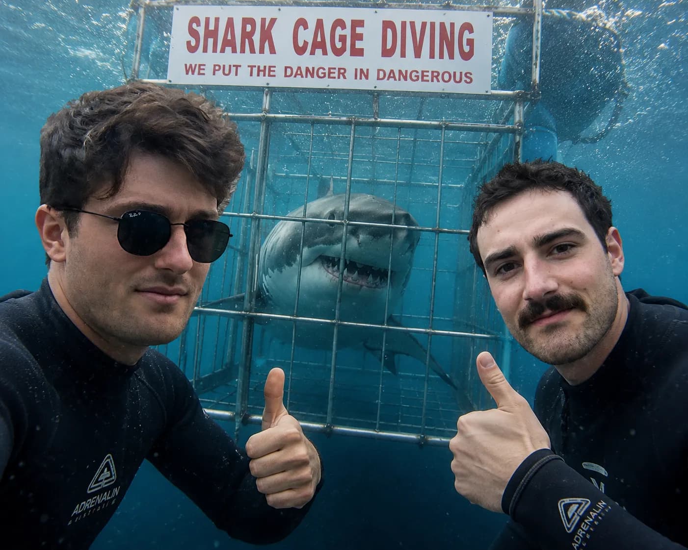 Josh and Dan scuba diving beside a shark cage, giving a thumbs up.