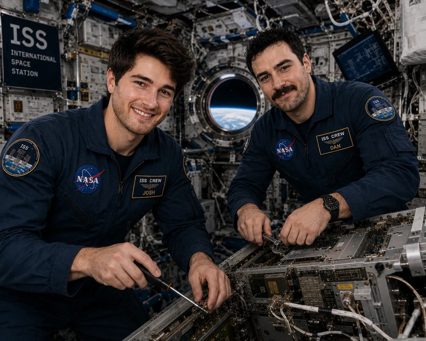 Josh and Dan in NASA flight suits aboard the International Space Station.