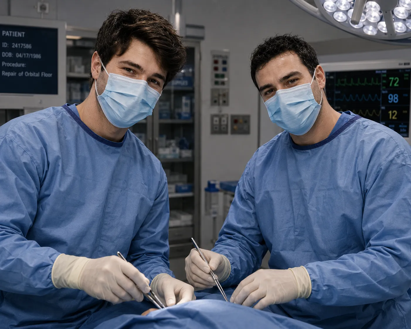 Josh and Dan in surgical scrubs and masks in an operating theatre.